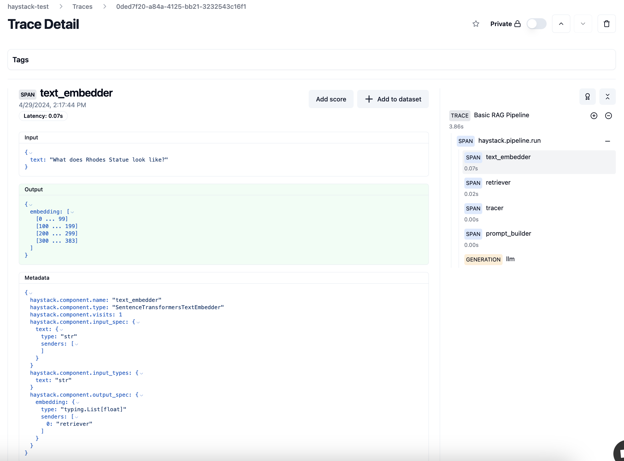 Screenshot of the Langfuse dashboard showing a trace detail including inputs, outputs, and metadata for the text_embedder component of a Haystack RAG pipeline.